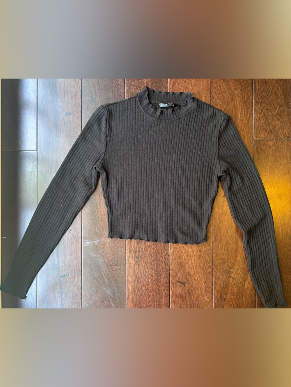 SHEIN Black Ribbed Lettuce-Edge Mock Neck Long Sleeve Top